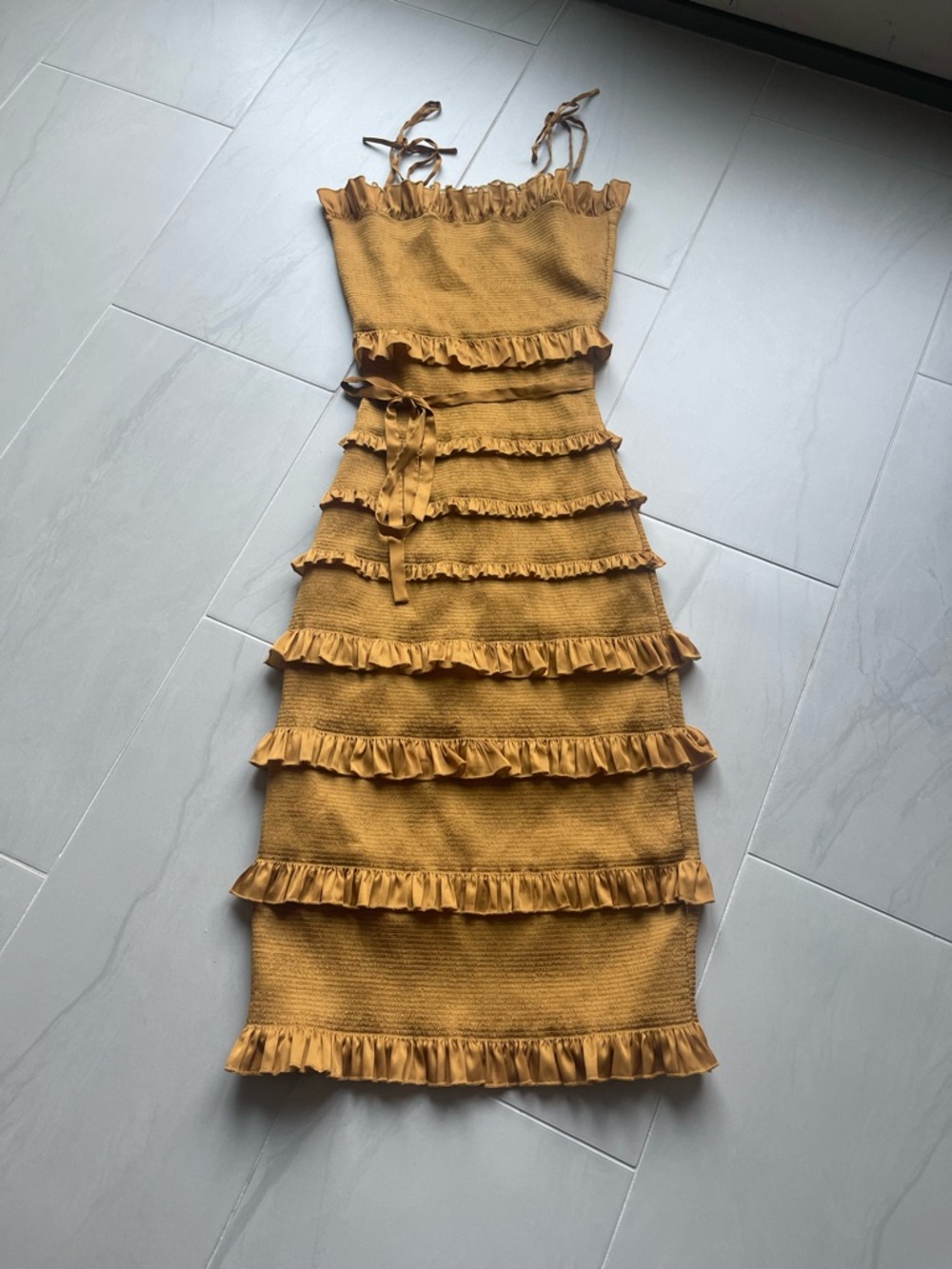 V. Chapman Lily Ruched & Ruffled Stretch Satin Midi Dress Mustard - Picture 7 of 9